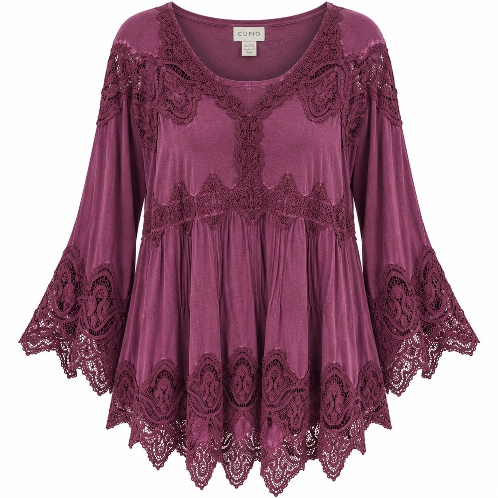 NEW Cupio Womens XL Plum Purple Crochet Lace Trim Bell Sleeve High Low Tunic Top